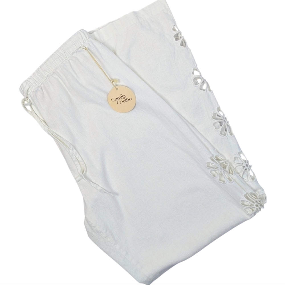 Camila Coelho Linen Blend Pants Floral Eyelet Cutouts At Sides White M NWT